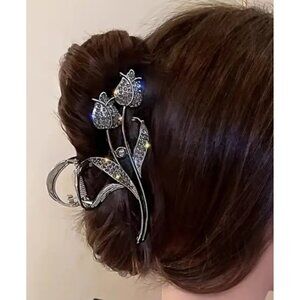 Large Black Tulip Hair Claw Clip Elegant Pearl & Rhinestone Statement Accessory